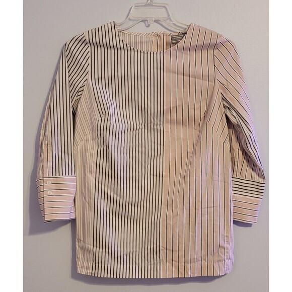 Liz Claiborne Small Top Striped Crew Blouse Shirt 3/4 Sleeve Grey White Peach - Picture 8 of 8